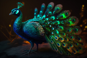 Obraz premium The Majestic Beauty of the Peacock in the Forest. Generative AI