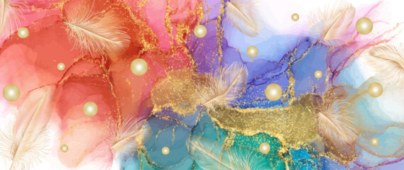 Art wallpaper with golden feathers. Modern creative design alcohol ink texture for home decor, banners, and prints. Vector illustration.