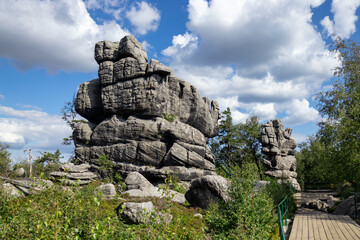 Large hanging stone rocks in the tourist place Szczeliniec wielki, Poland