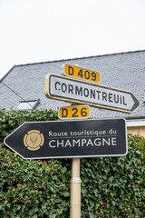 Low season in winter in Champagne sparkling wine making region near Epernay, Champagne, France. Road signes and towns of destinations, Gran Cru village