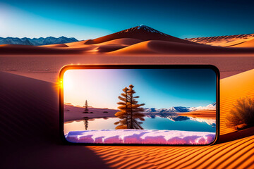 desert landscape with an abstract screen in the middle with a winter photo and lake with snow , AI generated illustration