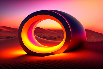 abstract object with yellow led lights in the middle of the desert, sunset, , AI generated illustration