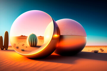 abstract 3d spheres of golden color in the middle of the desert, sunset, 3d spheres , AI generated illustration