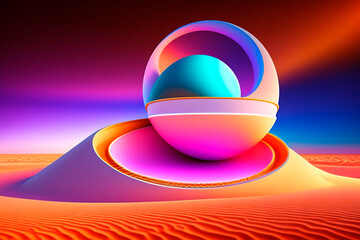 abstract spheres of pastel color in the middle of the desert, sunset, 3d spheres , AI generated illustration