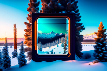 landscape with pine trees and snow with an abstract screen in the middle and landscape, winter, sunset, AI generated illustration