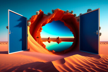 abstract open doors in the middle of the desert, sunset , AI generated illustration