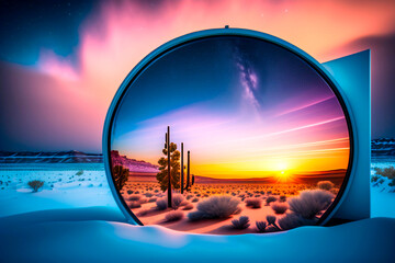 winter and snow landscape with an abstract mirror with a reflection of the desert and sunset , AI generated illustration