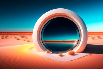 illustration with an abstract portal in the middle of the desert with snow around , AI generated illustration