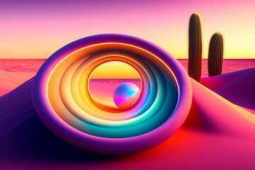 3d sphere and abstract rings of pastel color in the middle of the desert, sunset , AI generated illustration