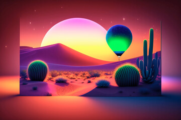 illustration with a green hot air balloon in the desert, sunset, frame, inside a room , AI generated illustration