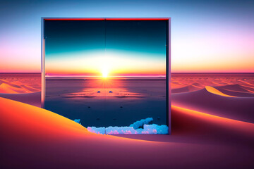 abstract screen with a winter landscape placed in the middle of the desert, sunsets , AI generated illustration