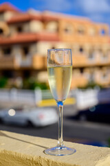 Dinner party, drinking of cava or champagne sparkling wine in vacation resort Caleta Fuste, Fuerteventura, Canary islands vacation, Spain
