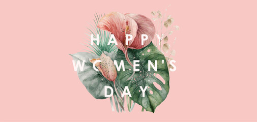 Happy women's day. Floral vector watercolor element for 8 march holiday. Drawing of flowers, plants and leaves - obrazy, fototapety, plakaty