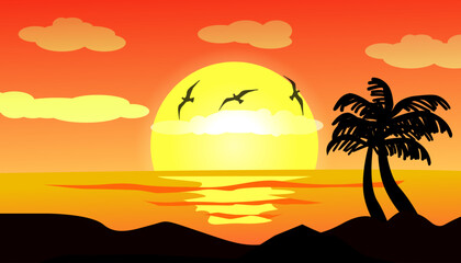Dark palm trees silhouettes on colorful tropical ocean sunset background.