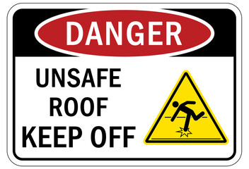 Fall hazard sign and labels unsafe roof keep off