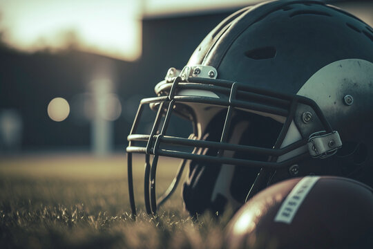 American football helmet and football on the grass field close up image. Generative ai