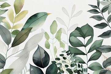 Watercolor green leaves on a white background