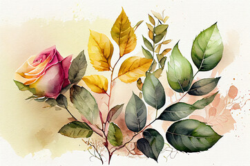 Watercolor leaves and roses and flowers on a white background