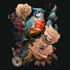 Beautiful bird, artistic design, graceful feathers, dynamic pose, flowers, delicate petals, vibrant colors, nature inspired, eye-catching pattern, perfect for t-shirt, art , generative AI
