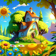 Breathtaking mountain landscape, stream sparkling winding, peaks towering, water rushing, birds singing, breeze, wooden cabin charming, moss soft green, generative AI