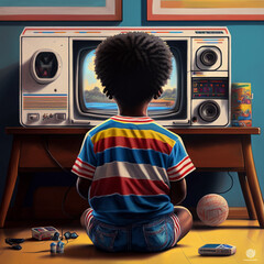 Child, striped shirt, innocent smile, mesmerized gaze, TV screen, colorful images, imaginative world, curious mind, aconchegante, youthful innocence, entertained. generative AI