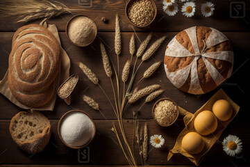 Rustic board, fresh bread, warm crust, soft interior, colorful flowers, delicate petals, natural beauty, golden wheat, wholesome ingredients, simple elegance, earthy charm, appetizing, generative AI