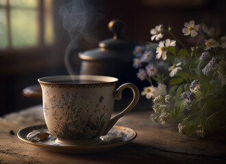 Steaming cup of coffee, warm aroma, rich flavor, delicate flowers, fresh petals, soft fragrance, ambience, charm, elegance, cozy table, early morning, energy boost, simple pleasures. generative AI