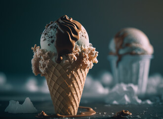 Delicious ice cream, creamy texture, smooth, favorite flavor, cone crispy, topping choices, generative AI