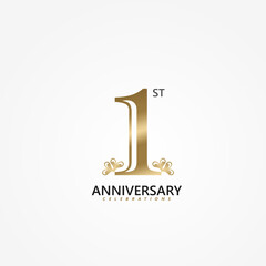 1st Anniversary logotype golden design, Fisrt years Celebrating Anniversary.  Vector illustration 