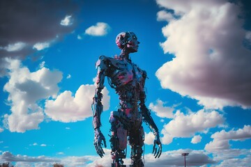 Obraz na płótnie Canvas Artificial intelligence, a humanoid cyber with a neural network thinks. Artificial intelligence with a blue sky 
