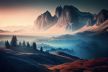 Mountains in sunny misty morning.