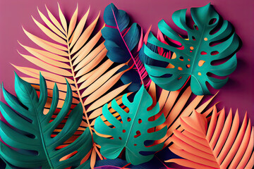 Tropical bright colorful background with exotic painted tropical palm leaves.