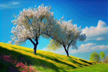 Two fruit trees in bloom on a hilly flower meadow in a rural landscape under a blue sky in spring.