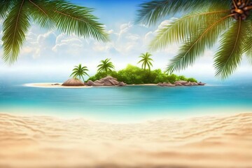 Plakat Tropical island beach with palms. Generative AI