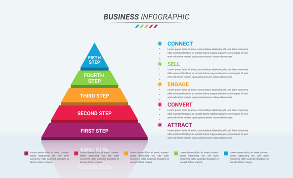 3D Pyramidal Infographic Design Template and Business Icon with Five Steps. Pyramidal Isometric Infographic with 5 Options for Presentations and Business Reports.