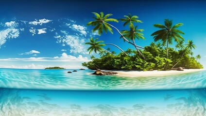 Tropical island beach with palms. Generative AI