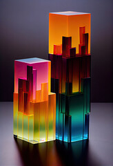 Urban skyscrapers made of translucent colored cuboid gel stacks