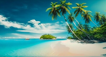 Naklejka na ściany i meble Tropical island beach with palms. Generative AI