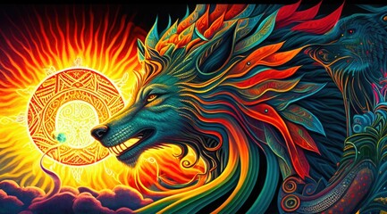 Celestial wolf, vision, protector, spirit, tribal style, imaginary creature, Sun and clouds on background, AI Generative banner