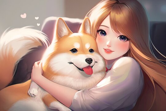 Happy anime girl with long blond hair hugging Shiba Inu dog pillow plush, AI Generative