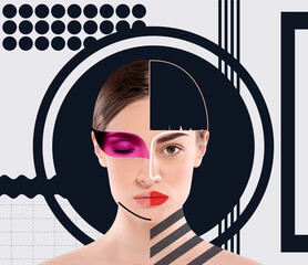 Stylish artwork. Face photo pieces and geometric figures combined into creative portrait of...