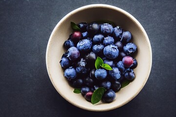 Bowl with fresh blueberry on blue table top view. Organic superfood and healthy berry.