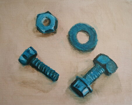 Nuts, Bolts, and Washer, Oil Painting on Canvas