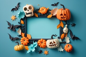 Frame halloween background with pumpkin and bats