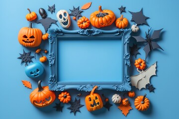 Halloween holiday frame background with party decorations of pumpkins and bats on white table top view. Happy halloween greeting card in flat lay style.