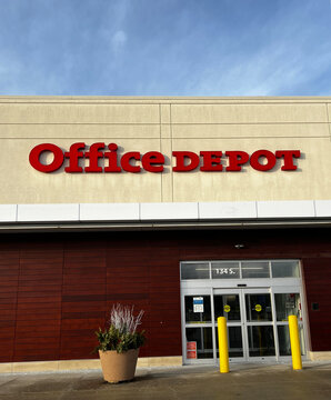 Exterior of an Office Depot office supply store in Deerfield, Illinois.