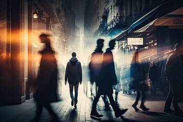 people walking in the street, blurry, Motion blurred busy street, rua movimentada cheia de gente GENERATIVE AI