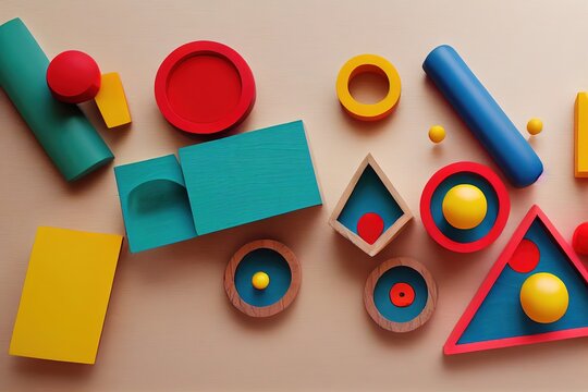 Toddler Activity For Motor And Sensory Development. Baby Hands With Different Colorful Wooden Toys On Table Top View.