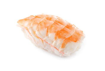 Delicious nigiri sushi with shrimp isolated on white