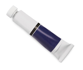 Tube with dark blue oil paint on white background, top view